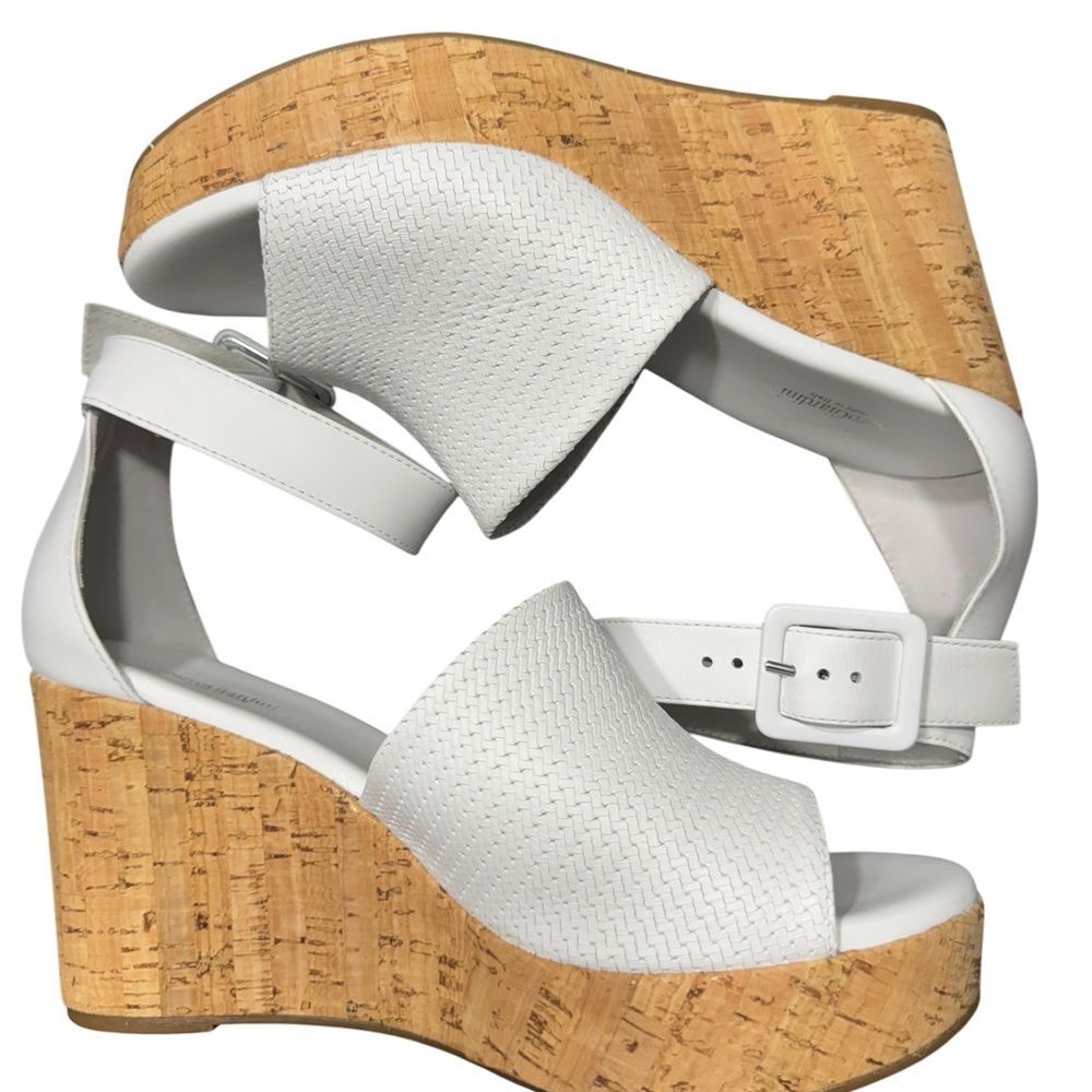 Nero Giardini Loira Bianco Textured Leather Platform Cork Ankle Strap Wedges - Picture 3 of 12